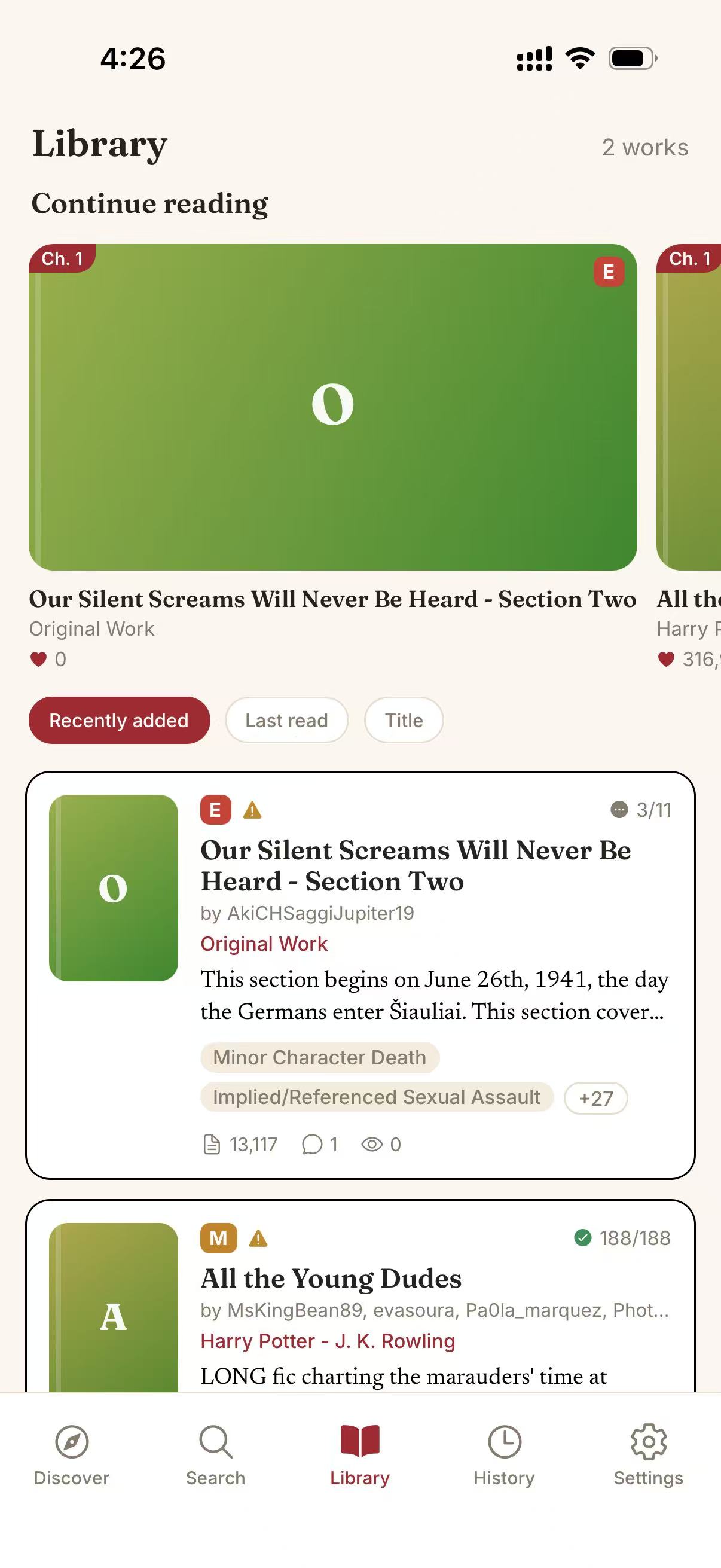 Schermata dell’app AO3X: Libreria locale · Opere salvate