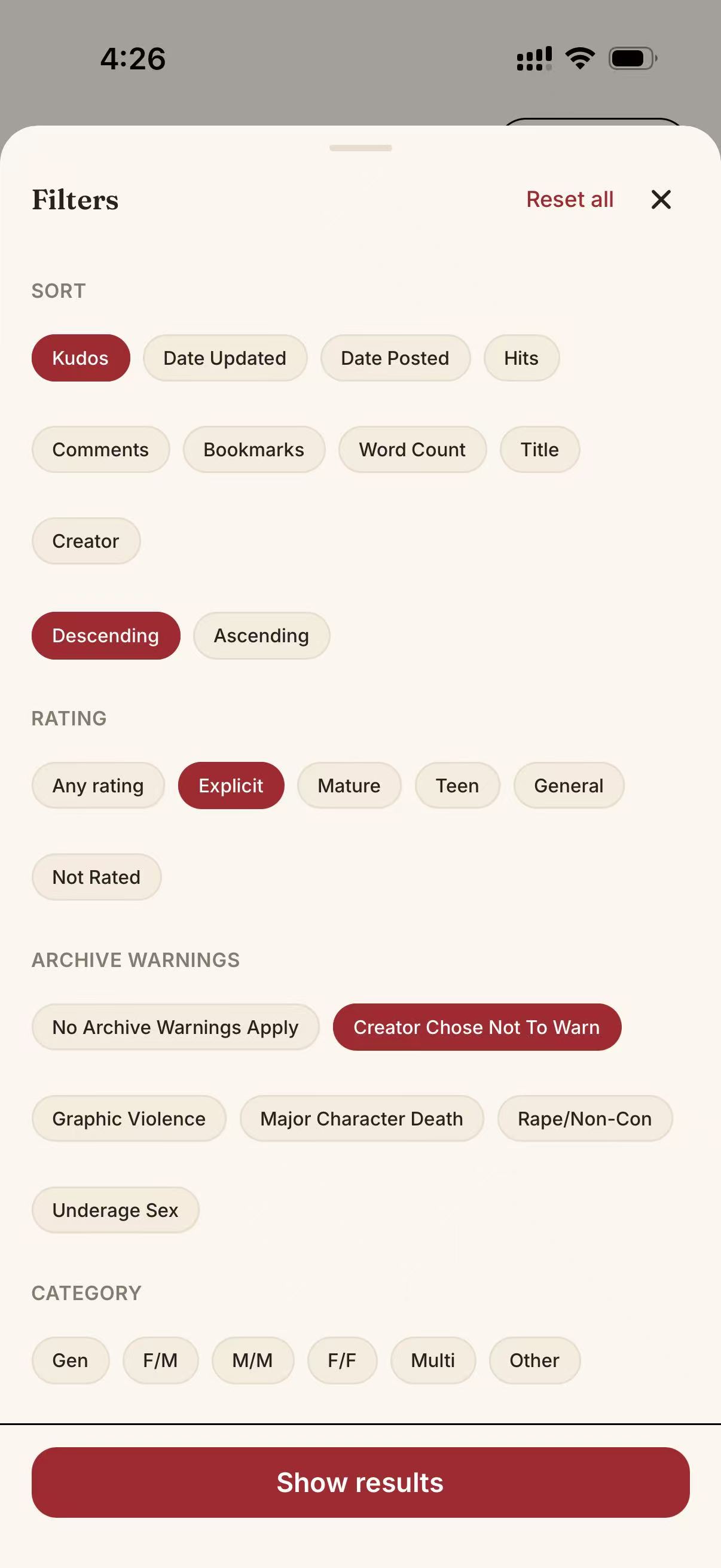 Schermata dell’app AO3X: Filtri avanzati · Classificazione e avvisi