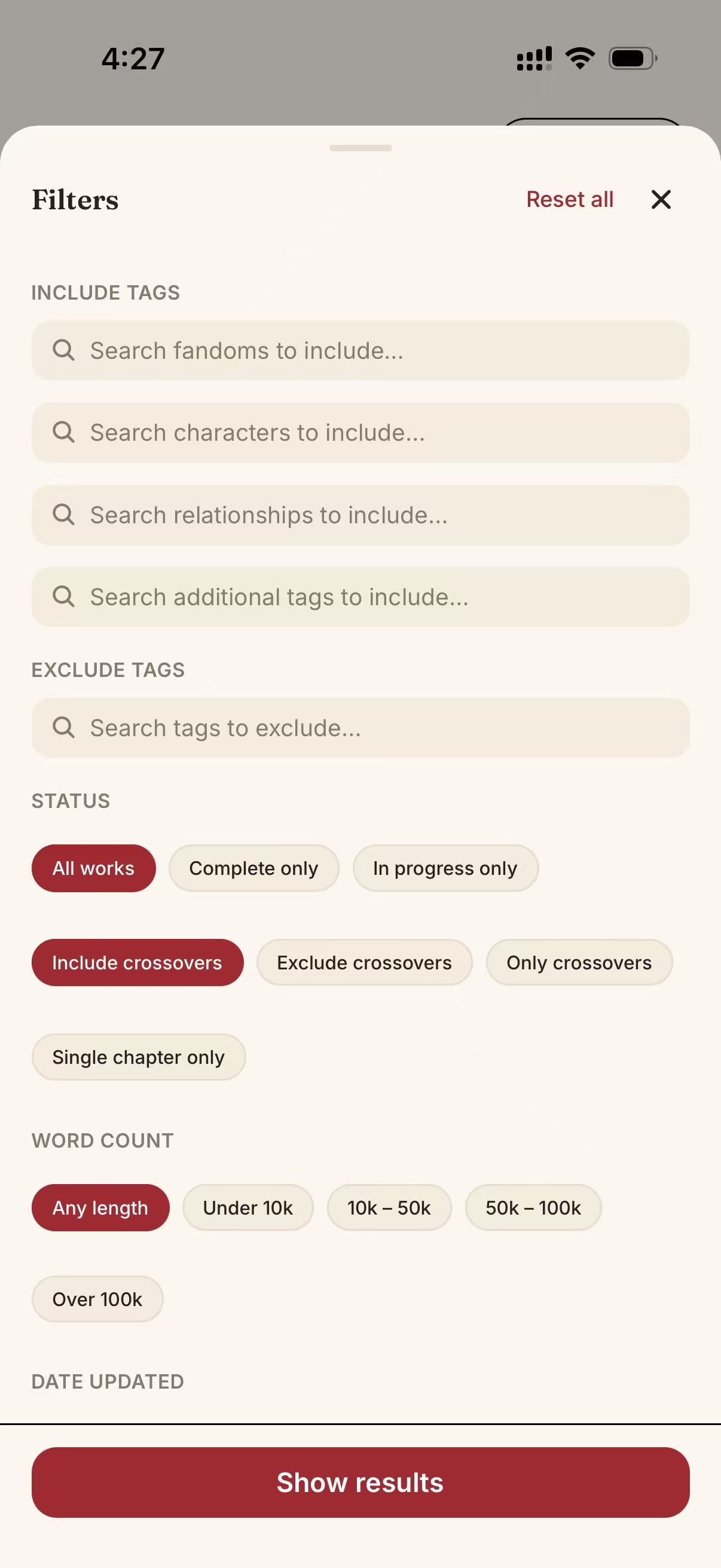 Schermata dell’app AO3X: Filtri avanzati · Tag e stato
