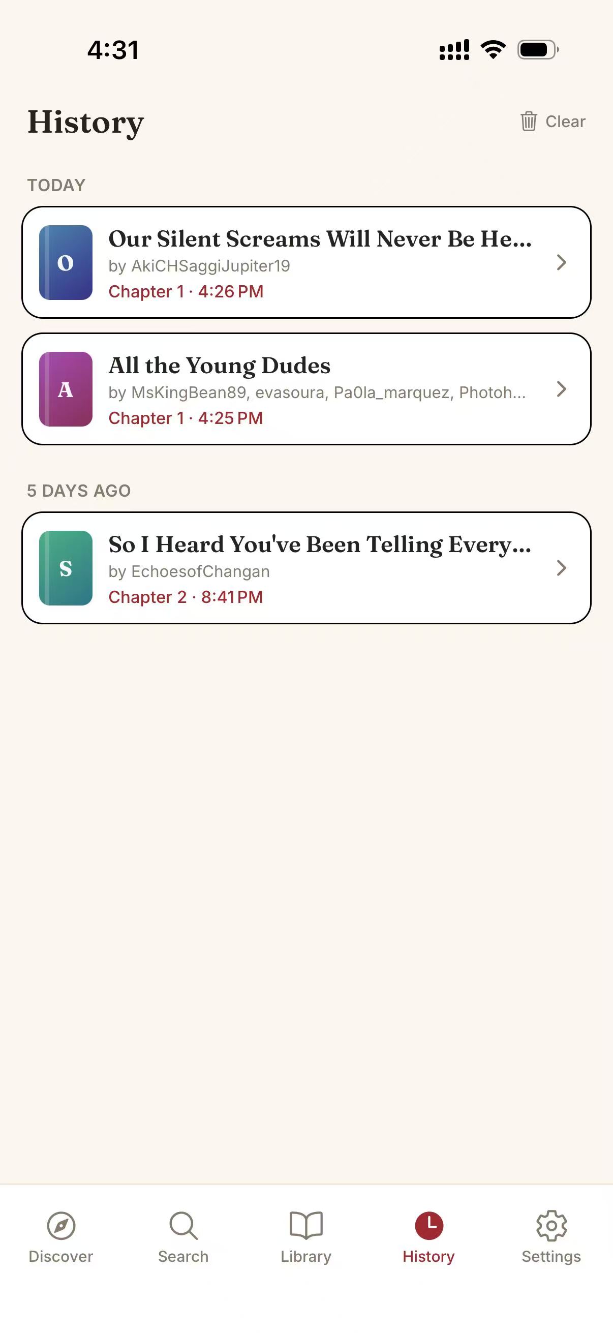 Schermata dell’app AO3X: Cronologia · Riprendi la lettura